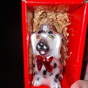 Source Unknown White and Black Dalmatian Dog Ornament with Red Bow